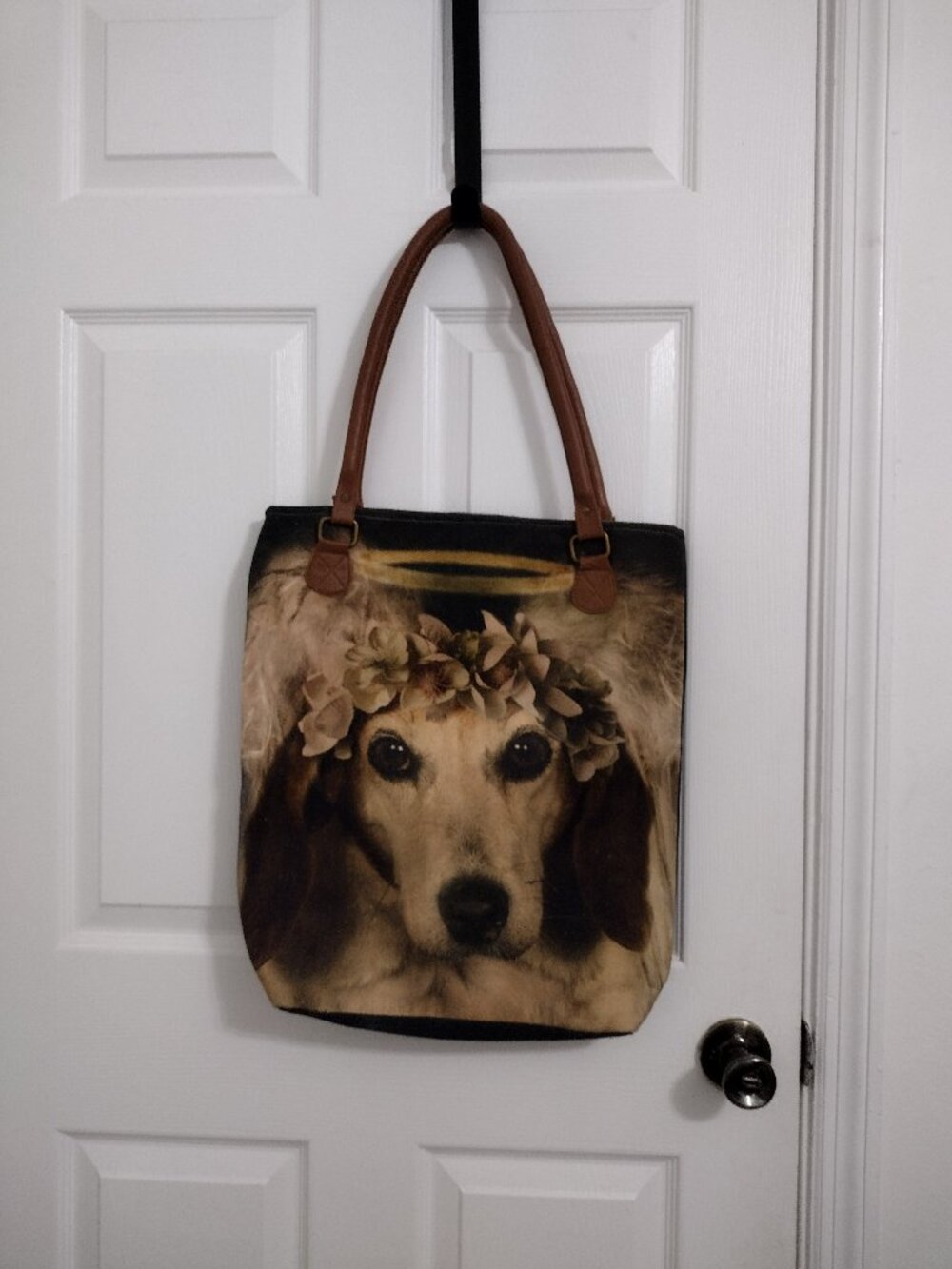 Regina Andrew Detroit Canvas Large Tote Bag Dog Angel Graphic Brown  Straps - Picture 2 of 8